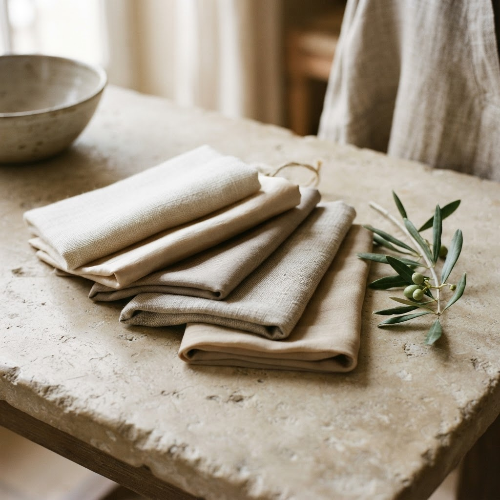 Folded natural silk and linen fabric swatches beside an olive branch